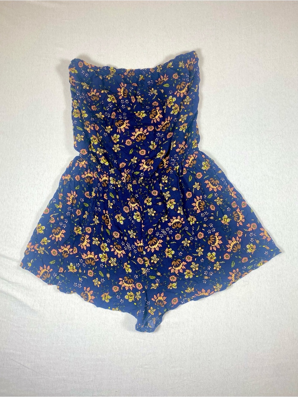 Forever 21 Women's S Blue Multicolor Floral Strapless Romper Elastic Waist Rayon